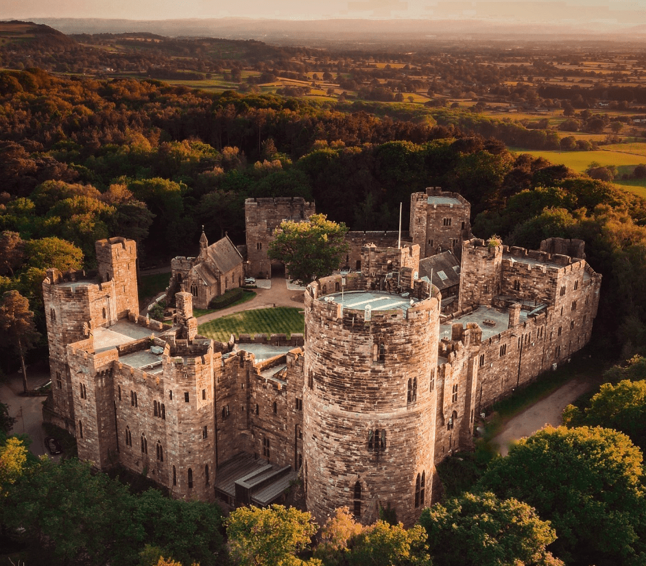 Peckforton castle and it's beautiful, bright view in the sun on a magnificent day